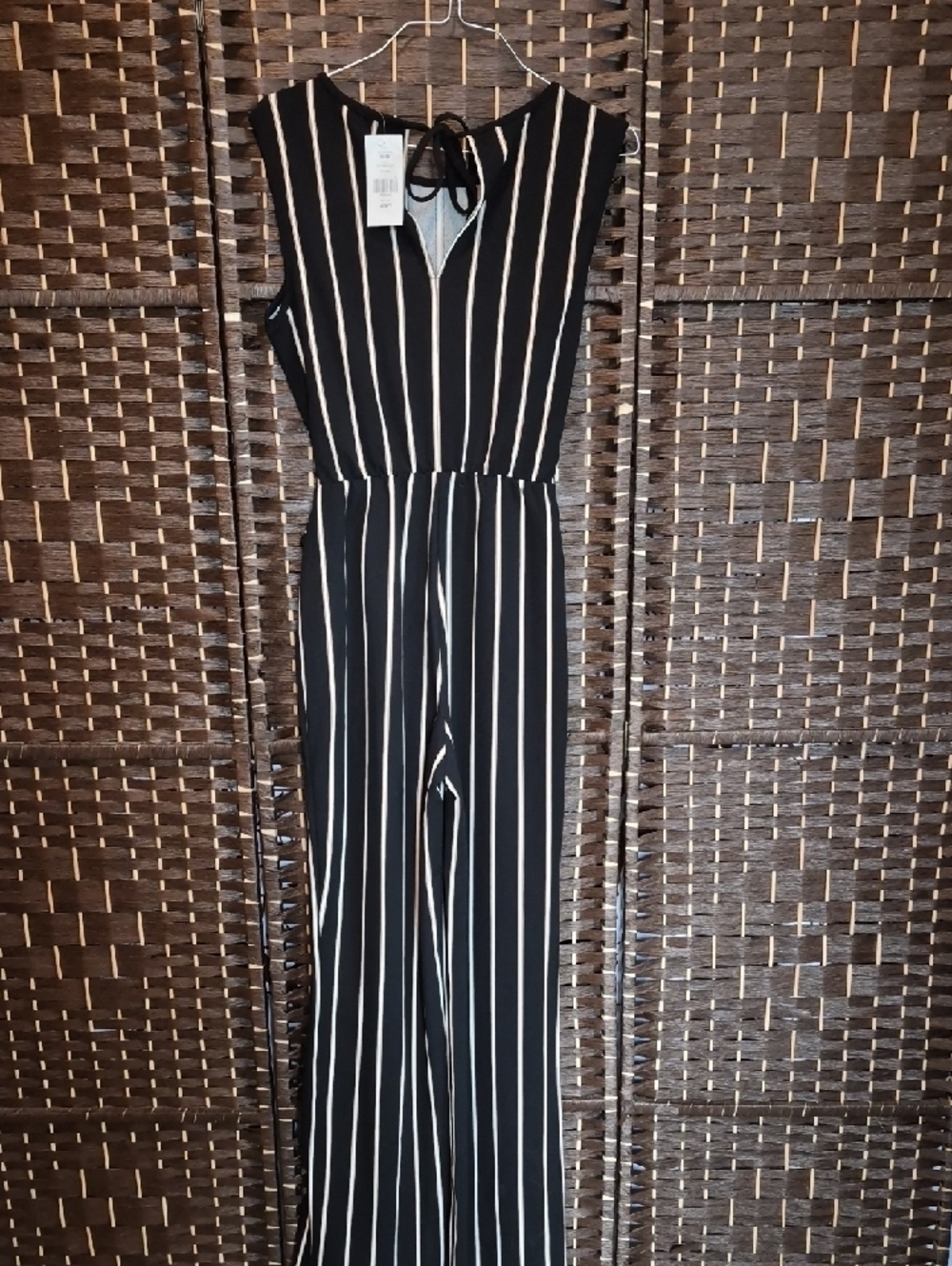 Suzy Shier Black Maxi Jumpsuit with White Stripes and Waist Tie - Picture 2 of 4